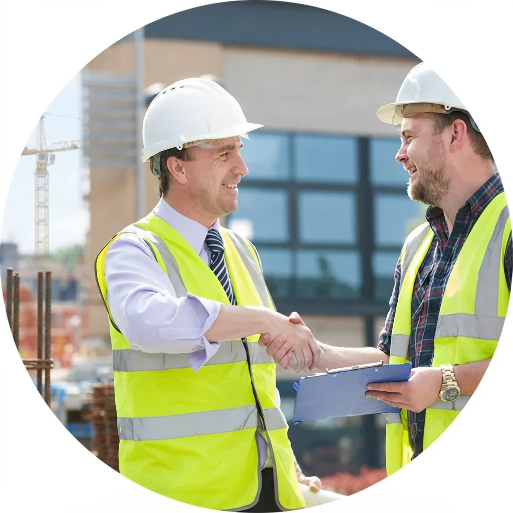 Construction professionals shaking hands on a building site
