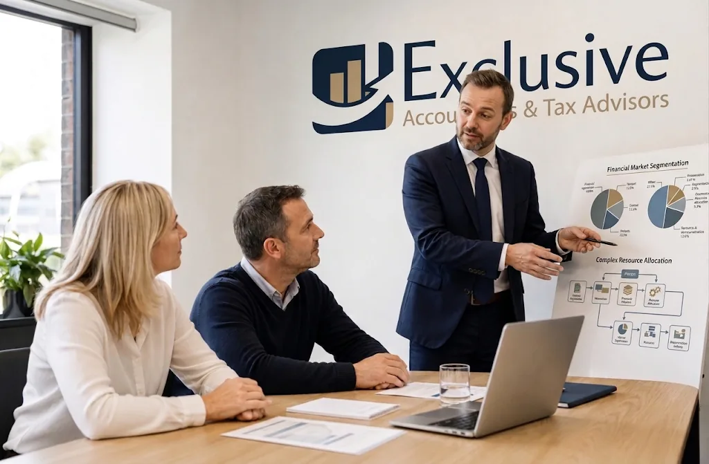 Accountant presenting financial charts to two clients