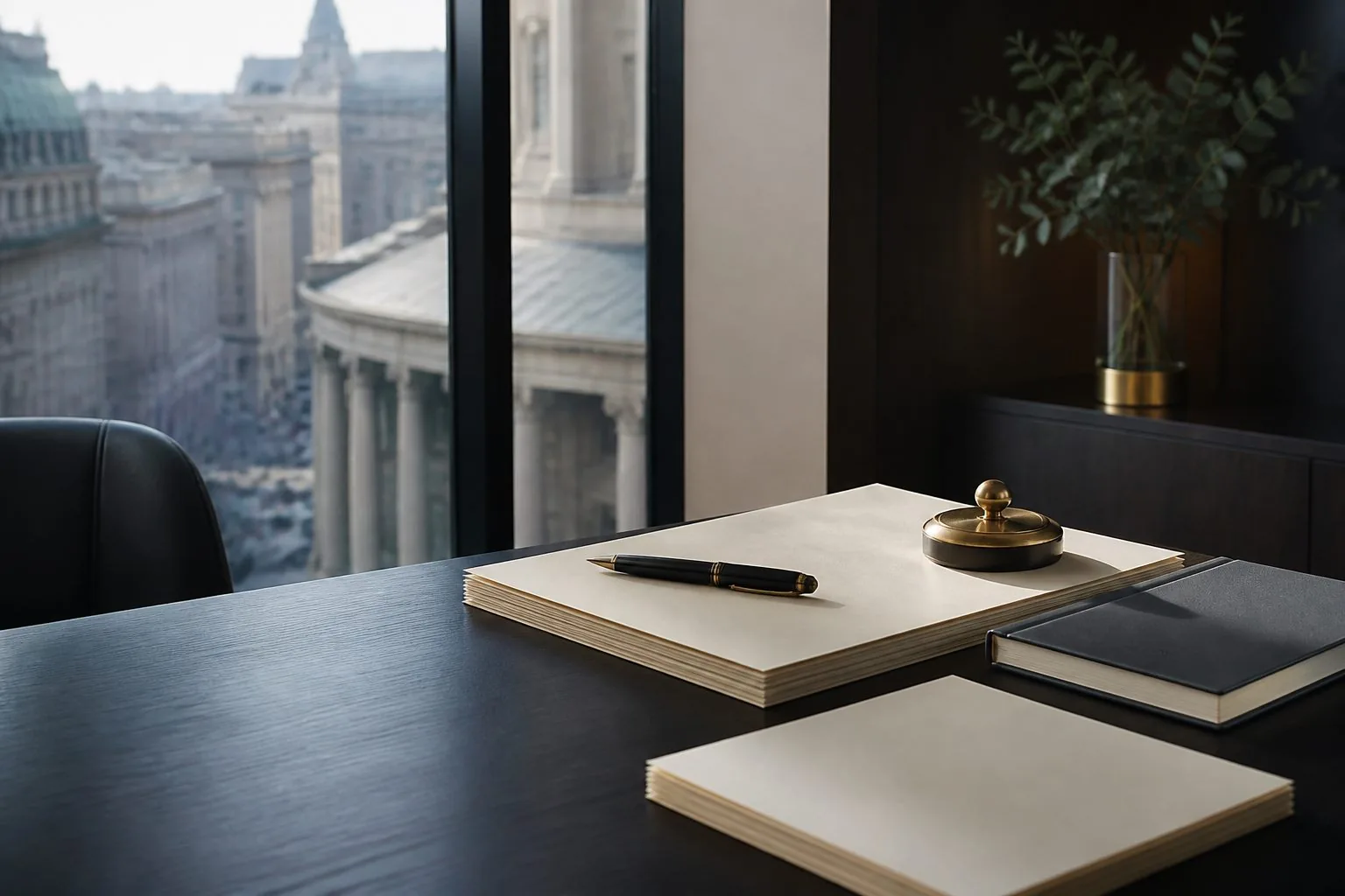 An office desk with papers and a pen