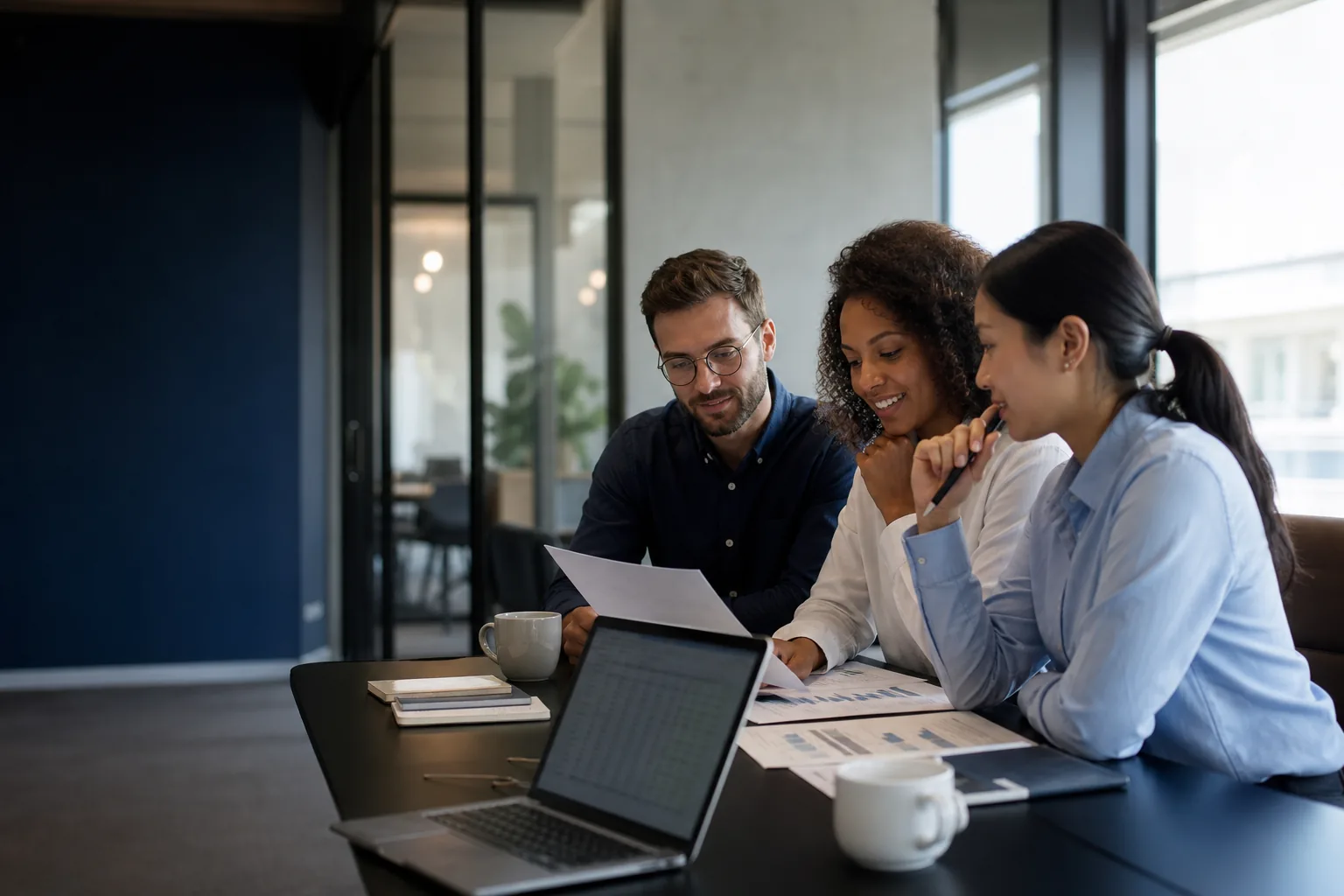 Accounting professionals reviewing financial documents in a modern office