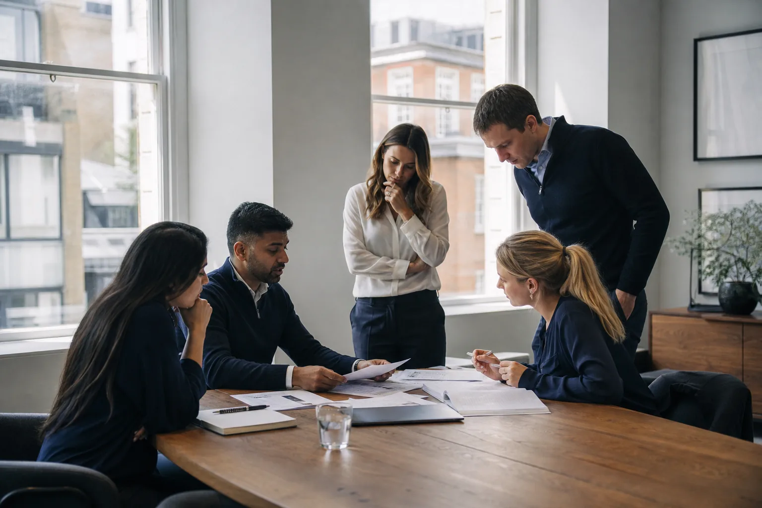 Illustrative group of professional advisers discussing documents around a meeting table