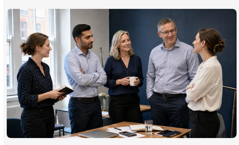 Group of business professionals in a modern office meeting