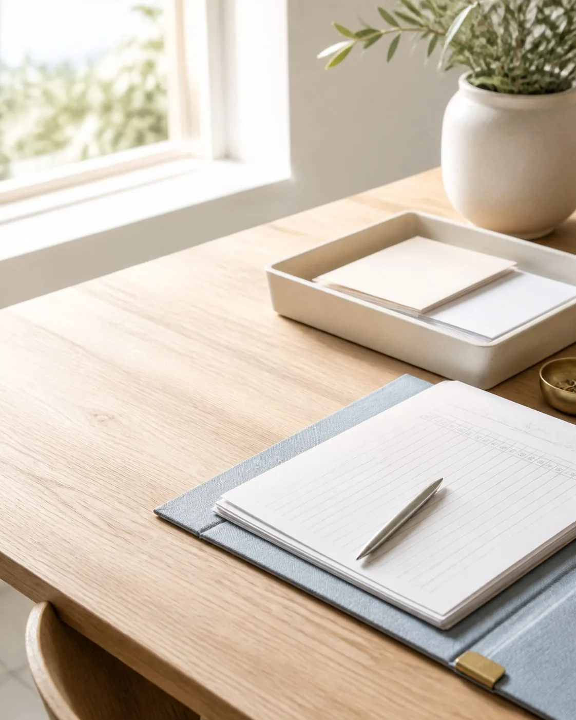 Illustrative organised workspace with blank records and a pen