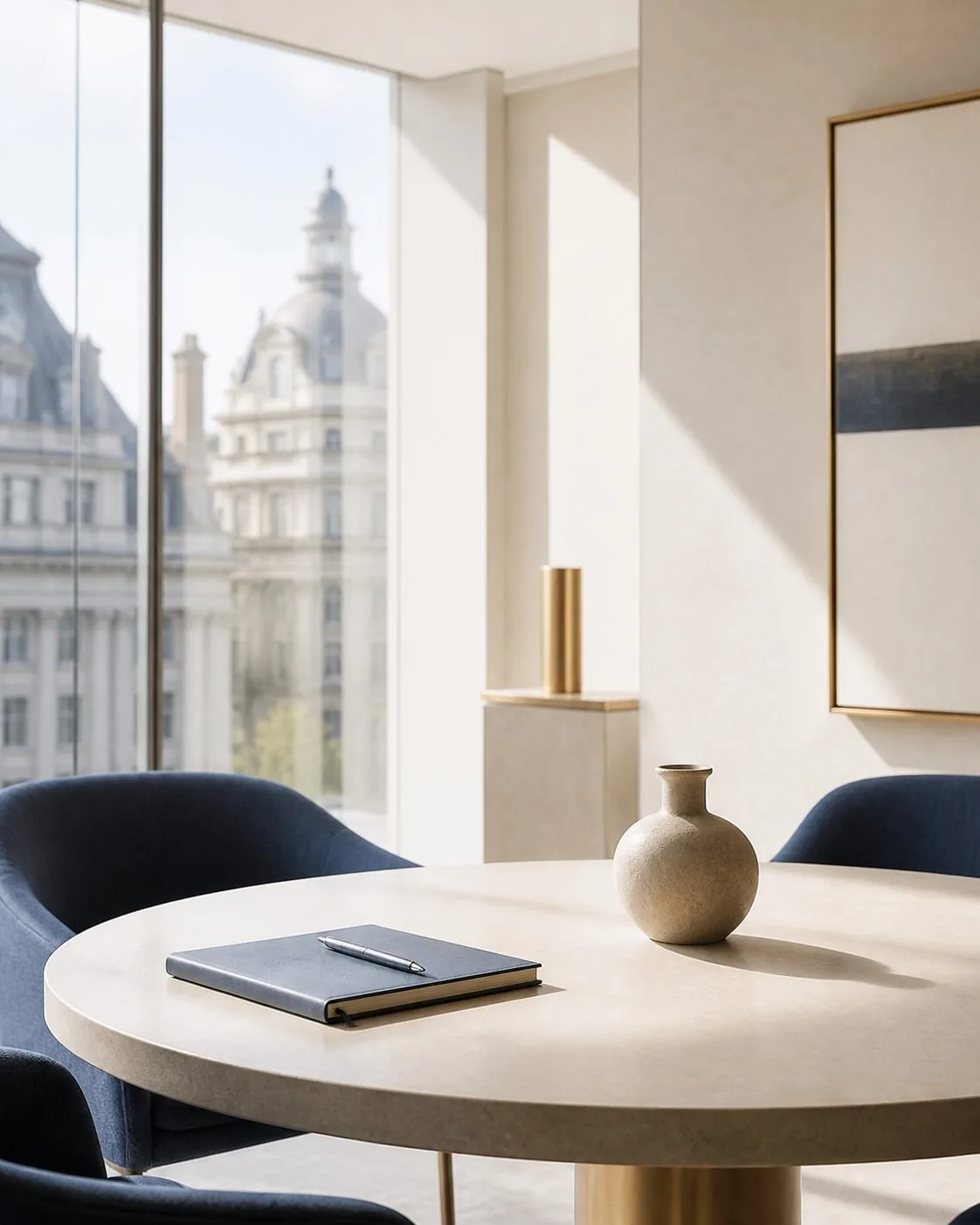 Illustrative contemporary advisory meeting space with notebook and pen