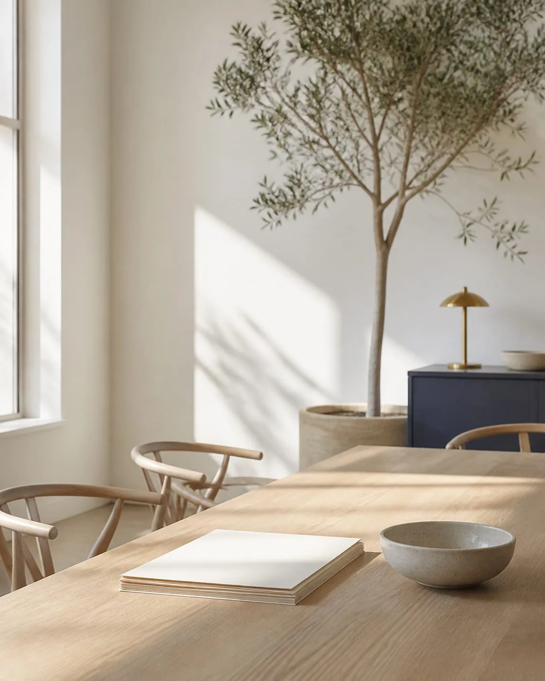 Illustrative bright meeting space with blank papers
