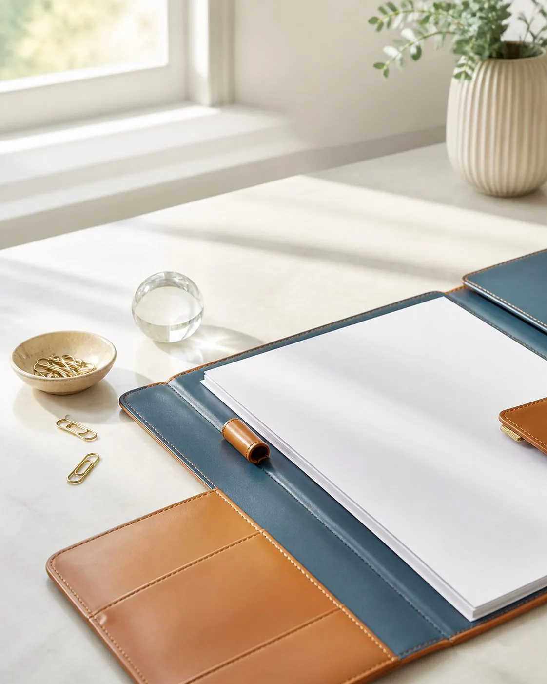 Illustrative organised document folder and blank papers