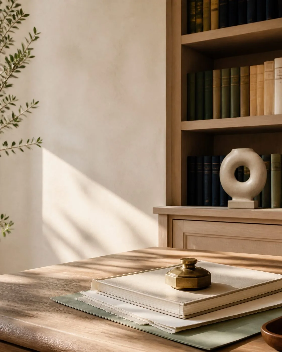 Illustrative sunlit library workspace with planning materials